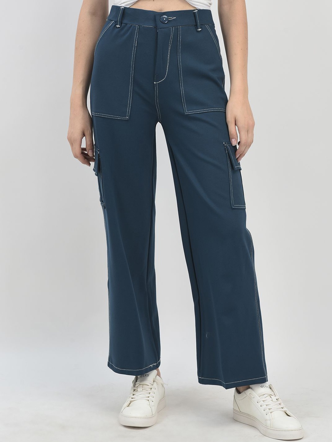 

FNOCKS Women Ultra Straight Fit Cargos Trousers, Blue