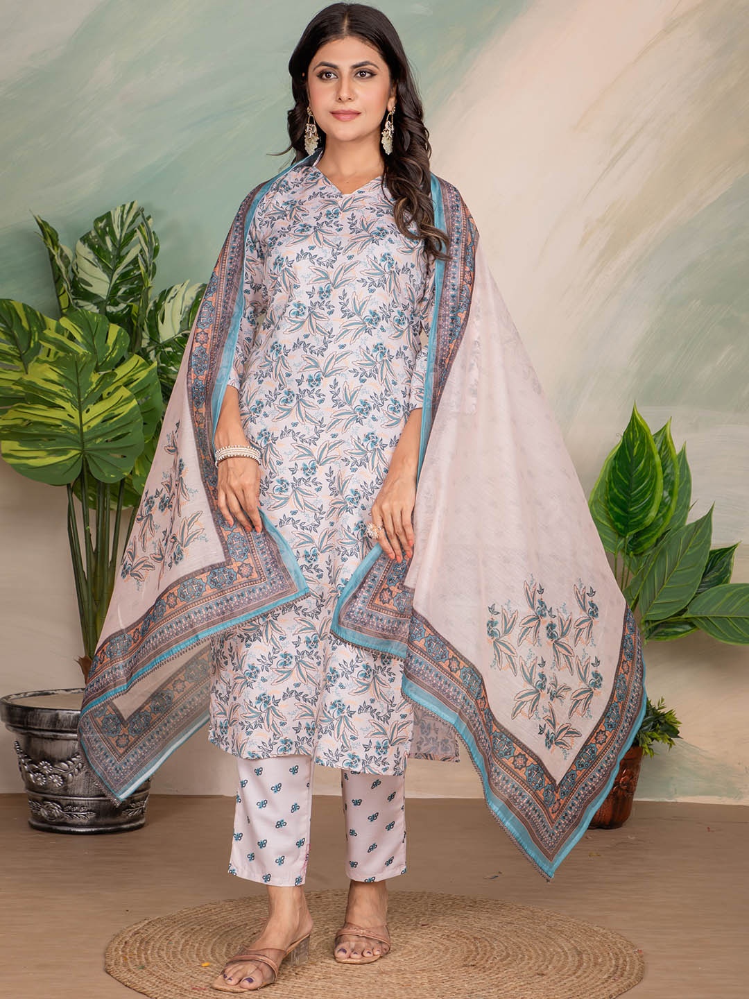 

SANJANA SILK Floral Printed V-Neck Kurta With Trousers And Dupatta, Cream