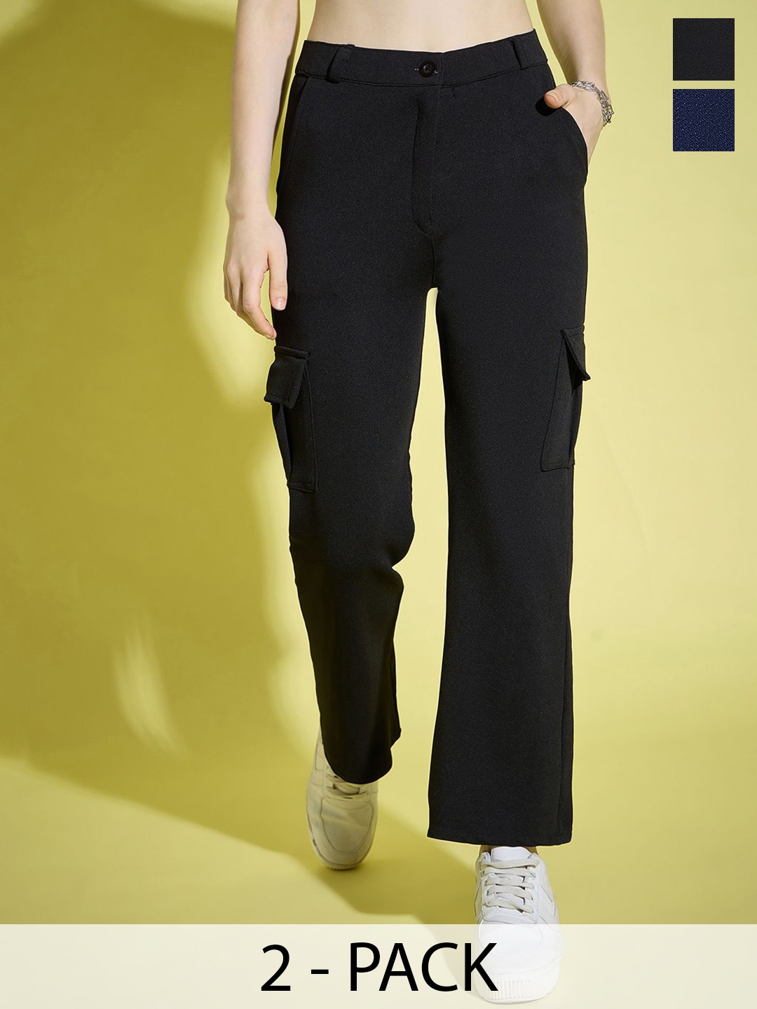 

BUY NEW TREND Women Relaxed High-Rise Cargos Trousers, Black