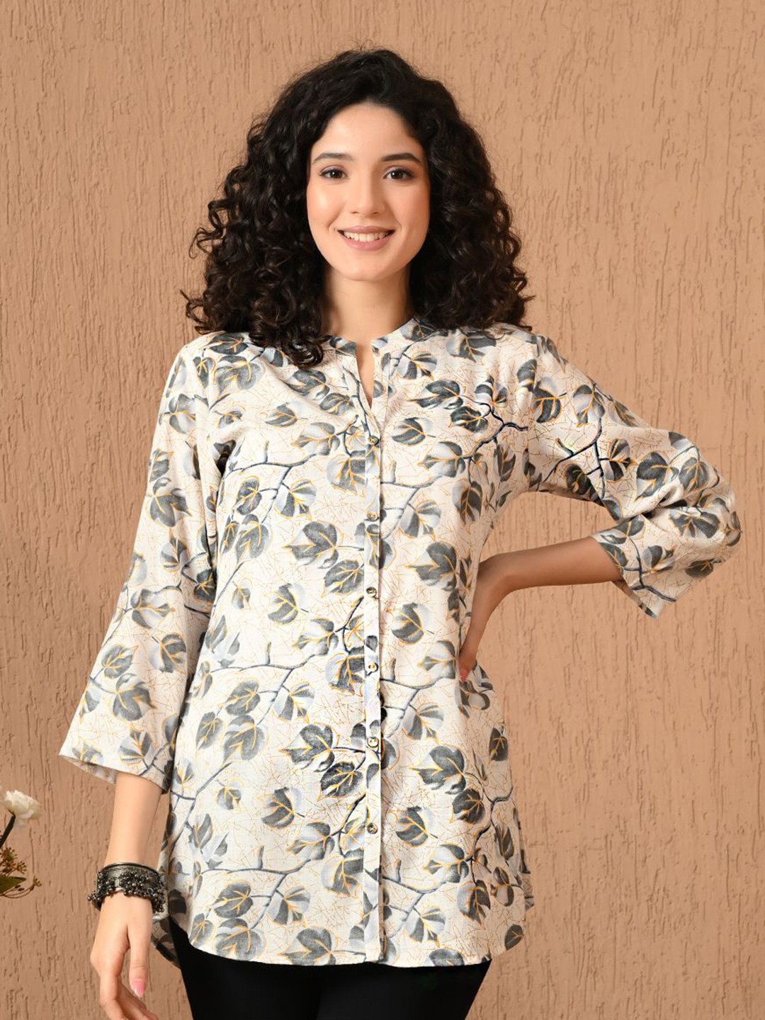 

MEESAN Mandarin Collar Printed Tunic, Grey