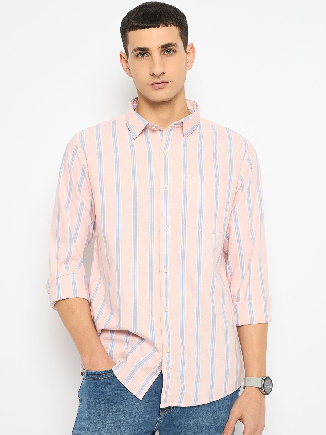 

Duke Men Slim Fit Opaque Striped Casual Shirt, Pink