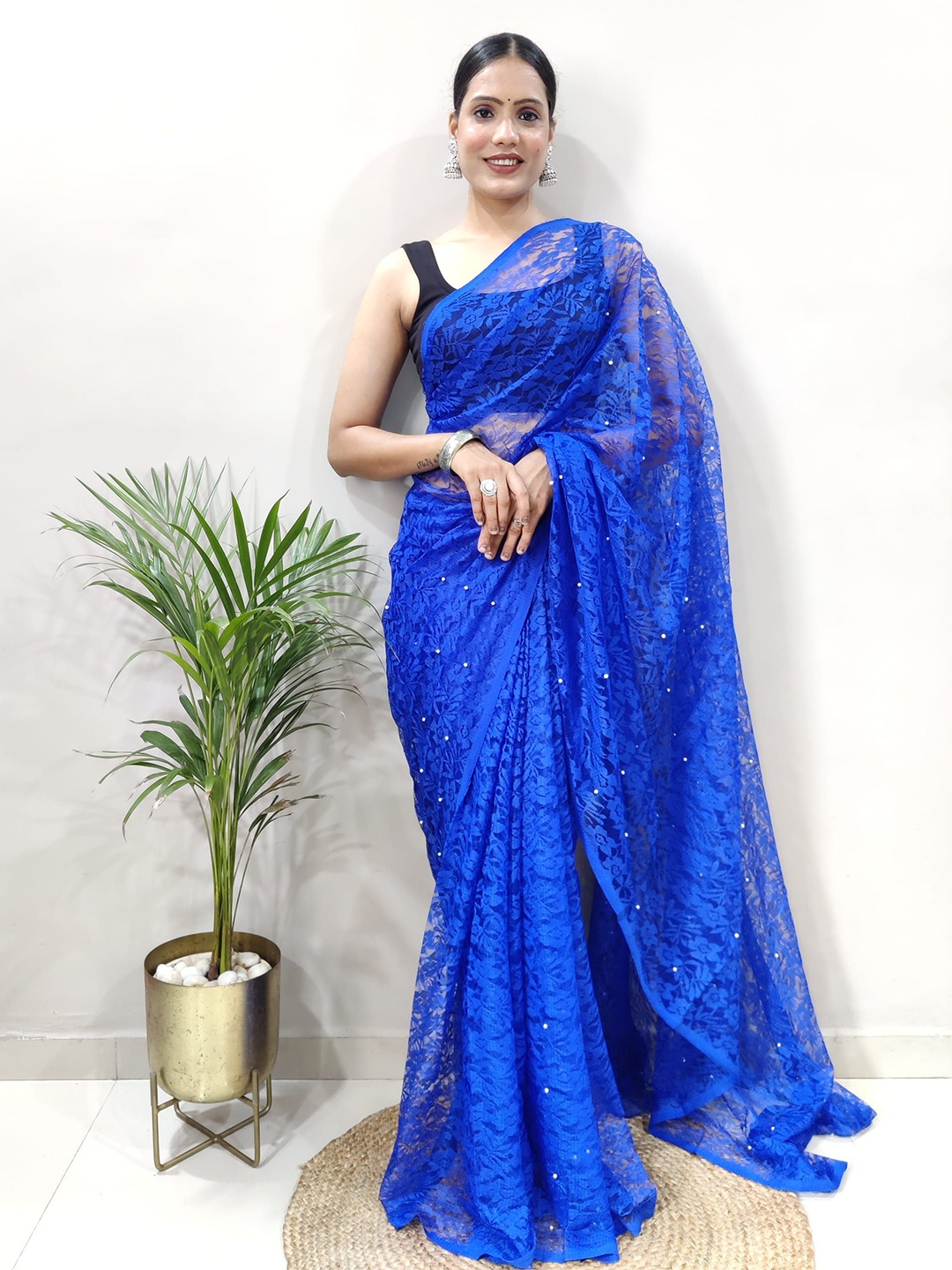 

KALINI Floral Brasso Saree, Blue