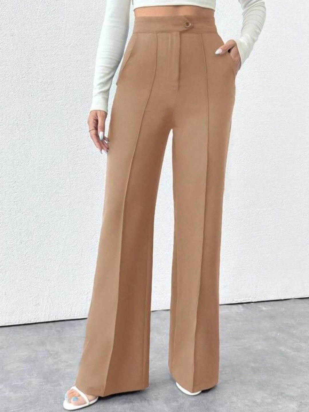 

BROADSTAR Women Smart Straight Fit High-Rise Easy Wash Pleated Trousers, Beige