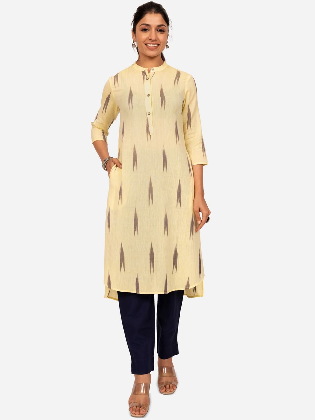 

INDIE JHOLA Abstract Printed Band Collar Straight Kurta, Yellow