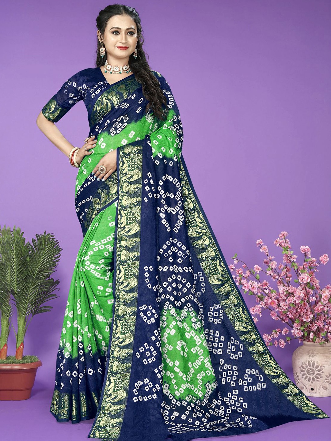 

Bandhanivilla Printed Zari Bandhani Saree, Green