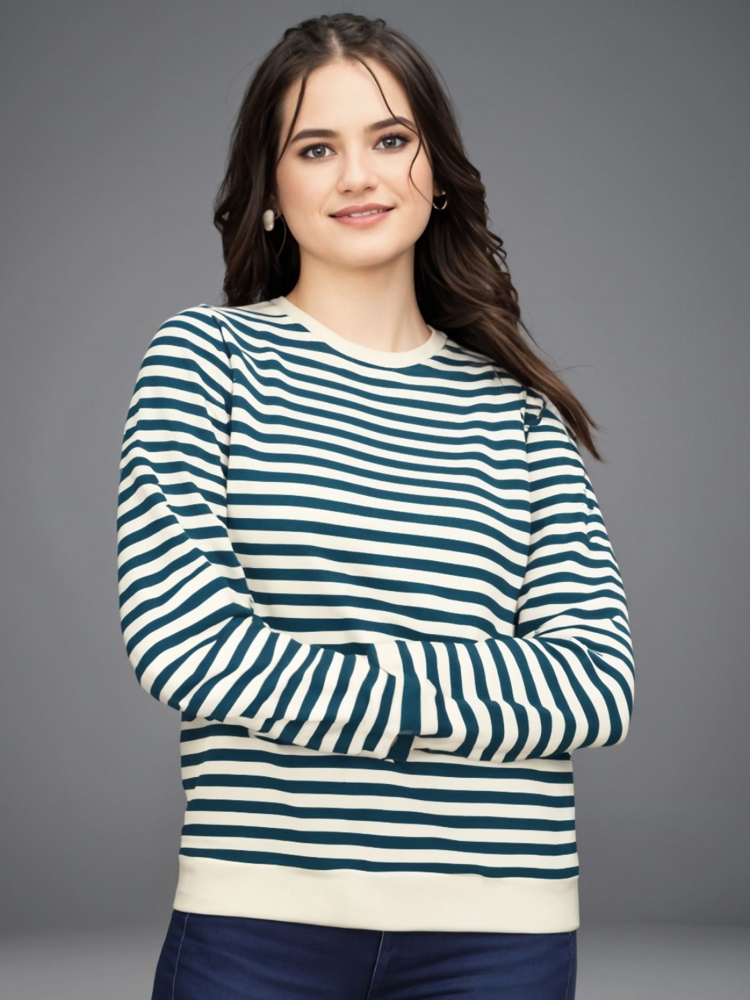 

MACK JONNEY Women Striped Pockets T-shirt, Blue