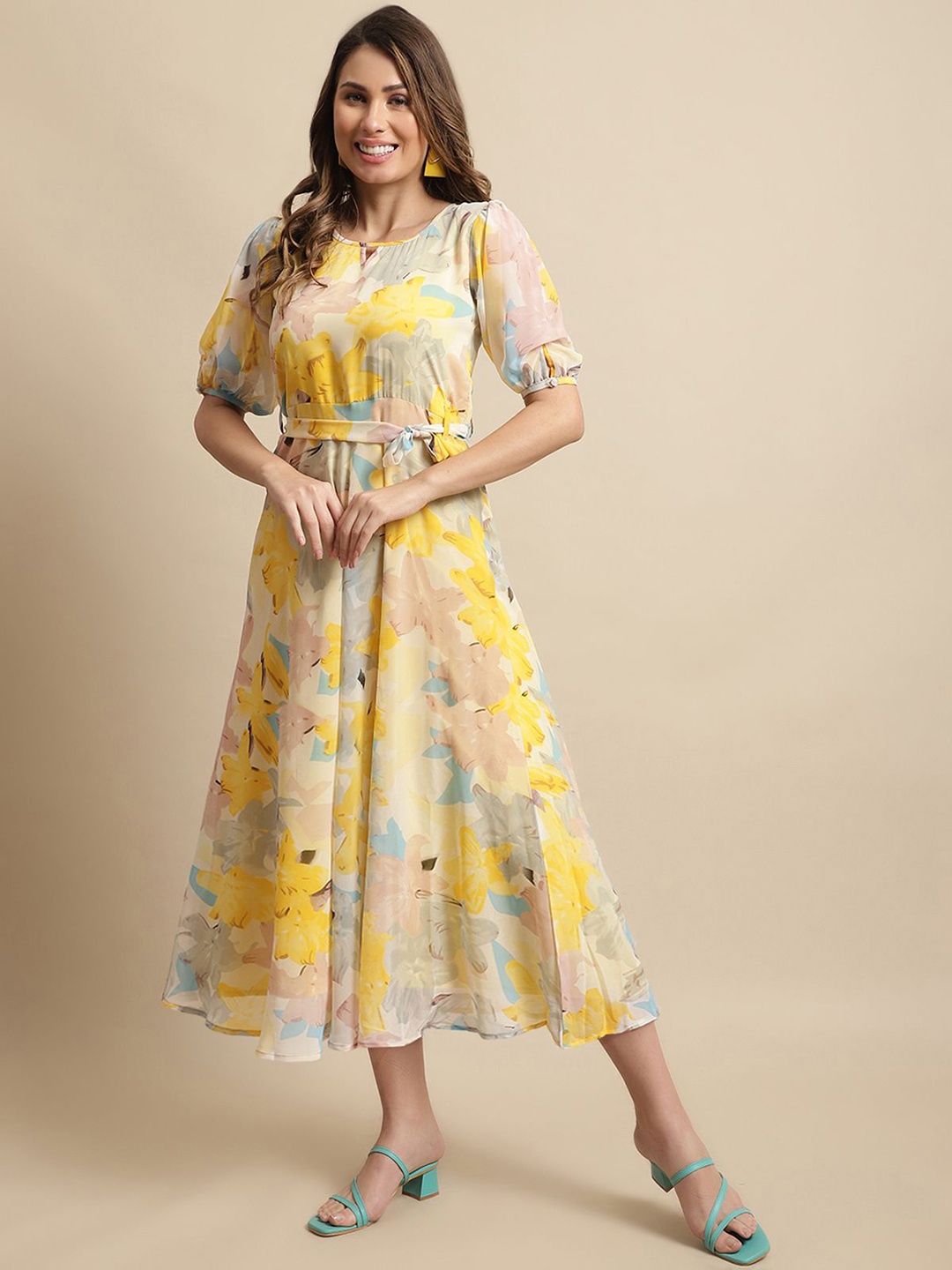 

Metronaut Women Floral Print Puff Sleeve Georgette Fit & Flare Midi Dress, Yellow