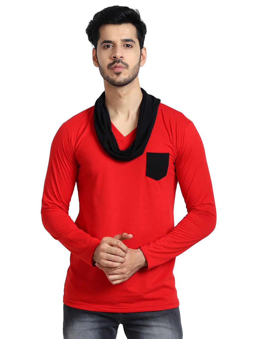 

Black Collection Men Solid V-Neck Cotton Slim Fit T-shirt, Red