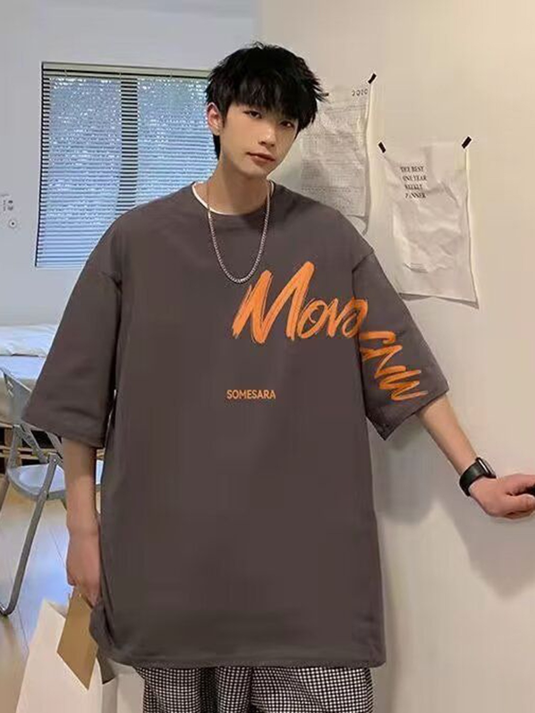 

HERE&NOW Men Typography Printed Round Neck Cotton Oversized T-shirt, Grey
