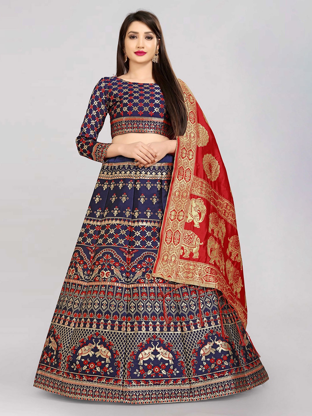 

DIVASTRI Woven Design Jacquard Semi-Stitched Lehenga Choli With Banarasi Dupatta, Navy blue