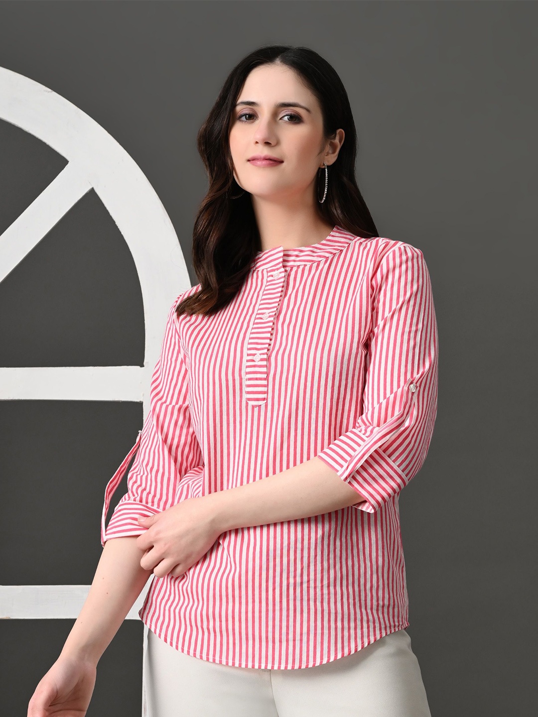 

CORSICA Striped Mandarin Collar Roll-Up Sleeves Cotton Top, Pink