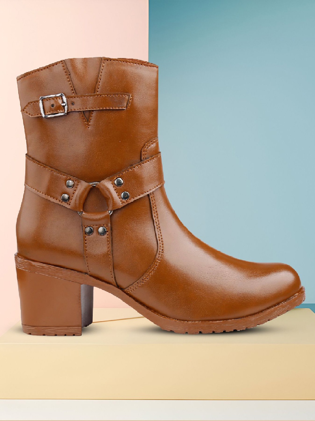 

Bxxy Women Classic High Ankle Zipper Boots with Ring Design, Tan