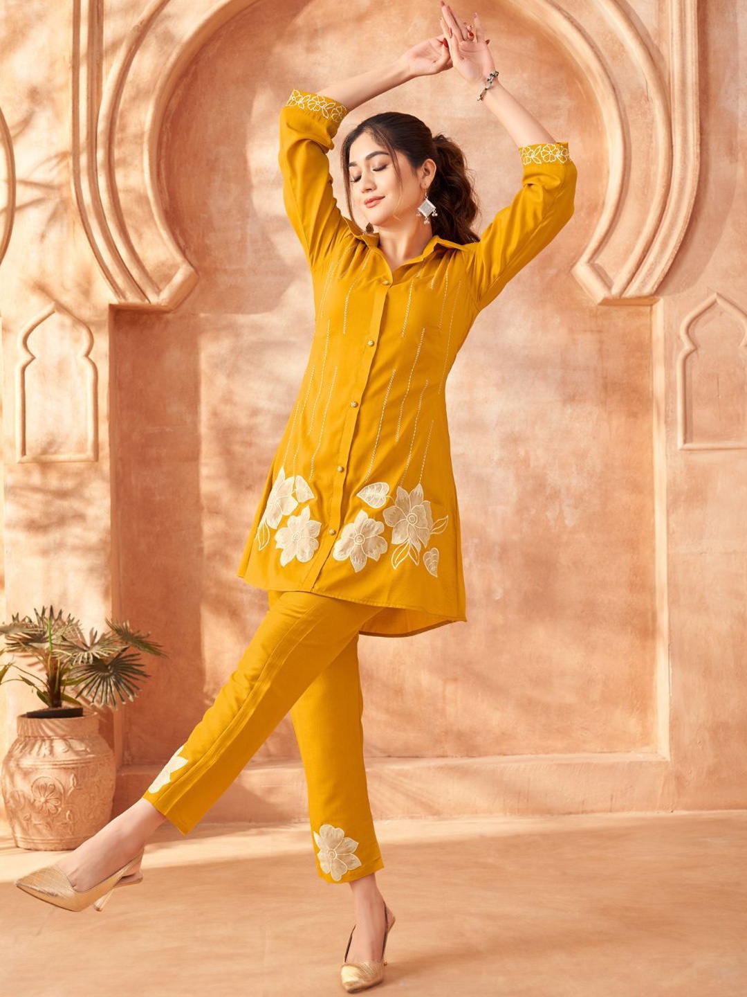 

Kaftanize Embroidered Shirt Collar Chinon Co-Ord Set with Bold Flower Patchwork, Yellow