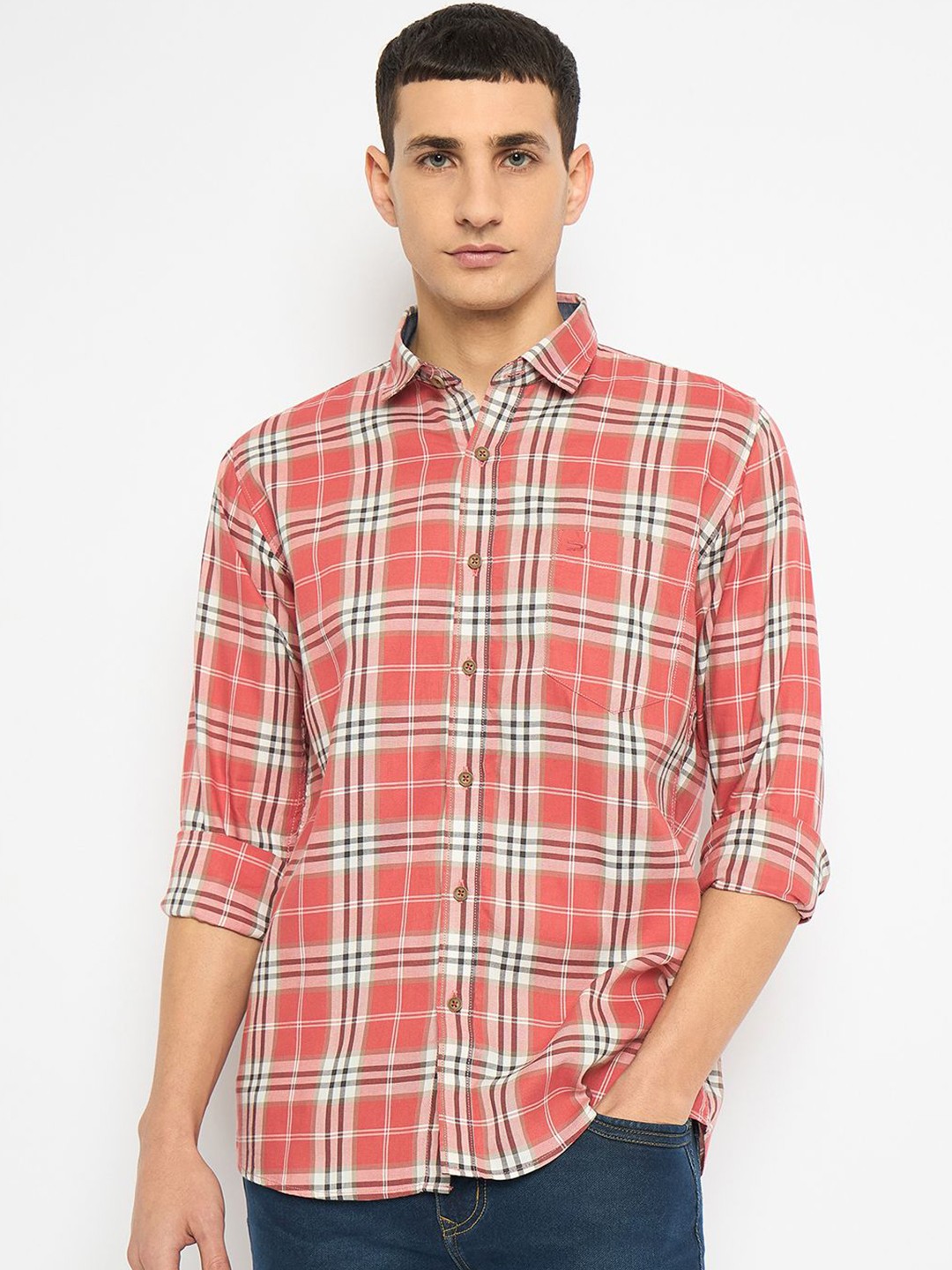 

Duke Men Slim Fit Spread Collar Tartan Checked Cotton Casual Shirt, Peach