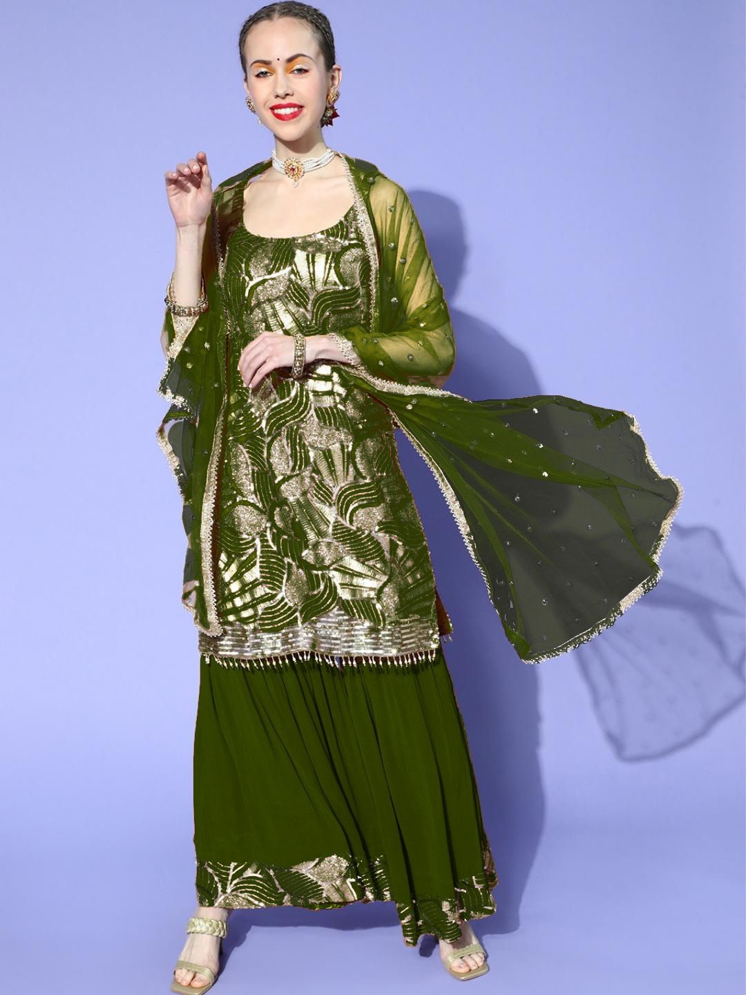 

Chhabra 555 Floral Embroidered Sequinned Straight Kurta With Sharara And Dupatta, Green