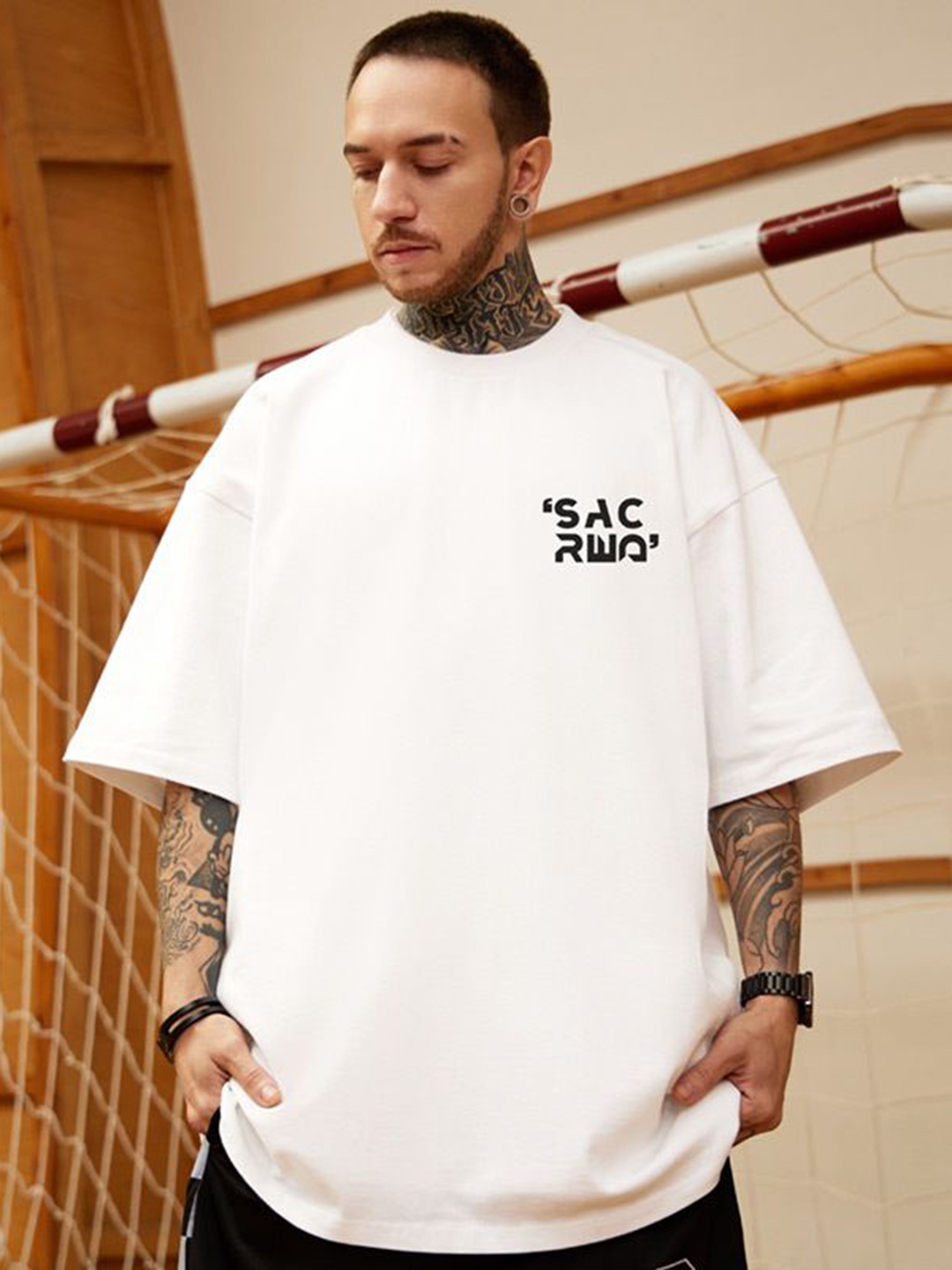 

HERE&NOW Men Typography Printed Round Neck Oversized T-shirt, White