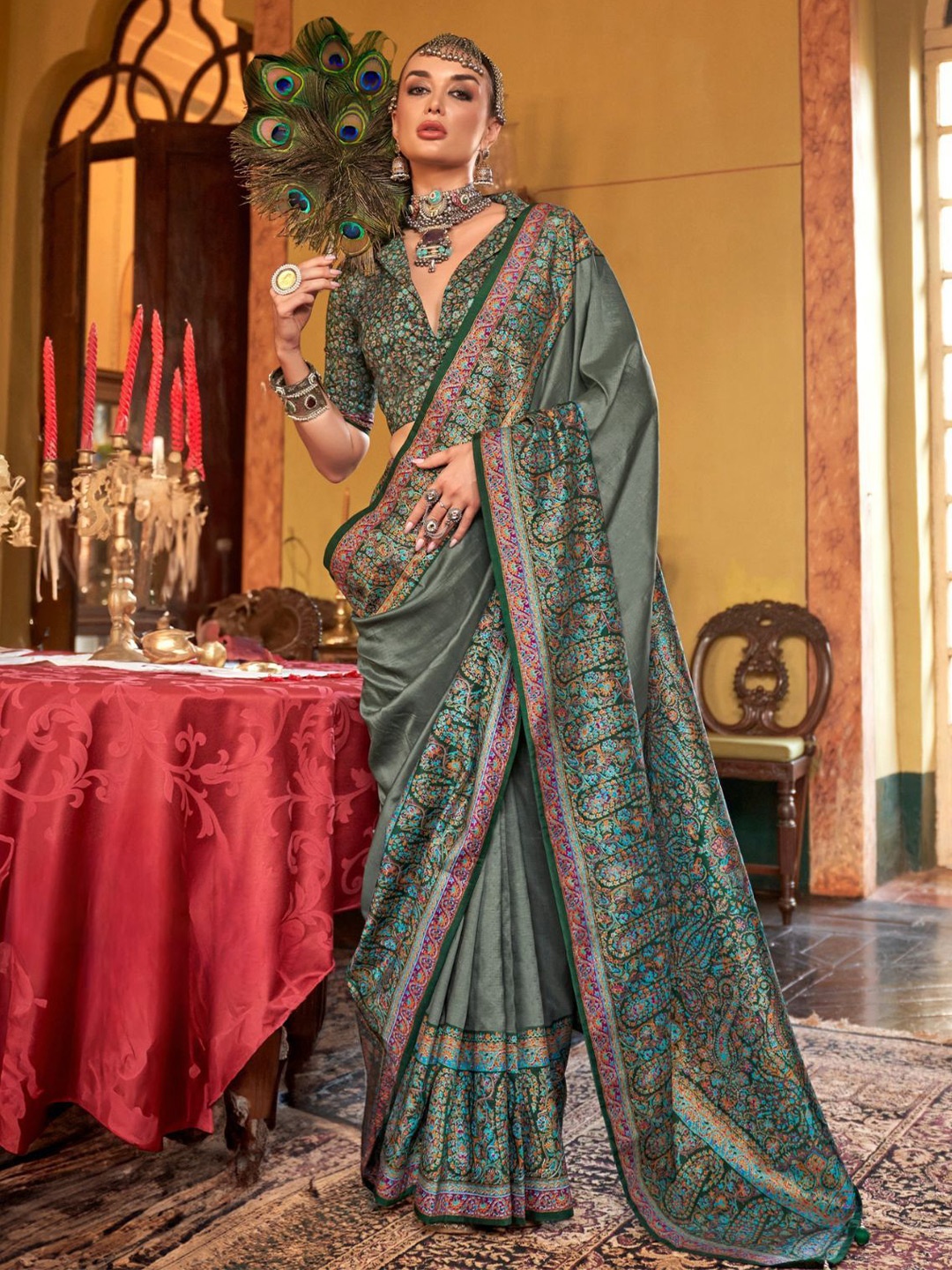 

ODETTE Olive Green Silk Blend Woven Saree With Unstitched Blouse