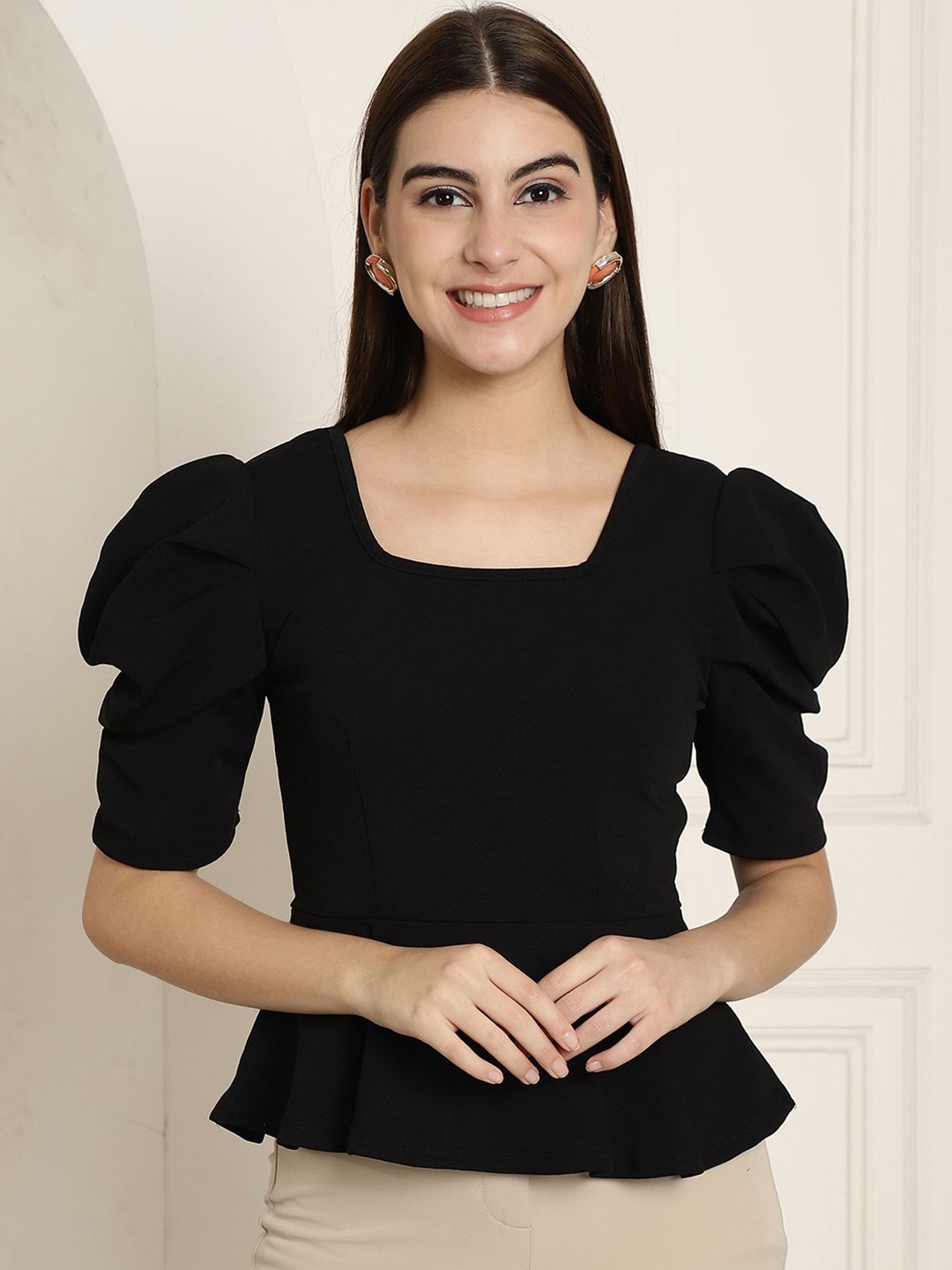 

Tromko Women Solid Square Neck Peplum Top, Black