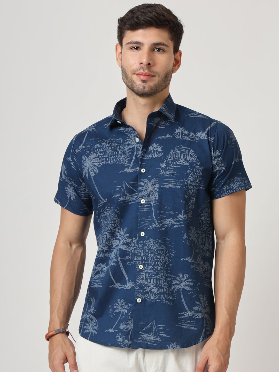 

AMSWAN Men Spread Collar Conversational Printed Casual Shirt, Navy blue