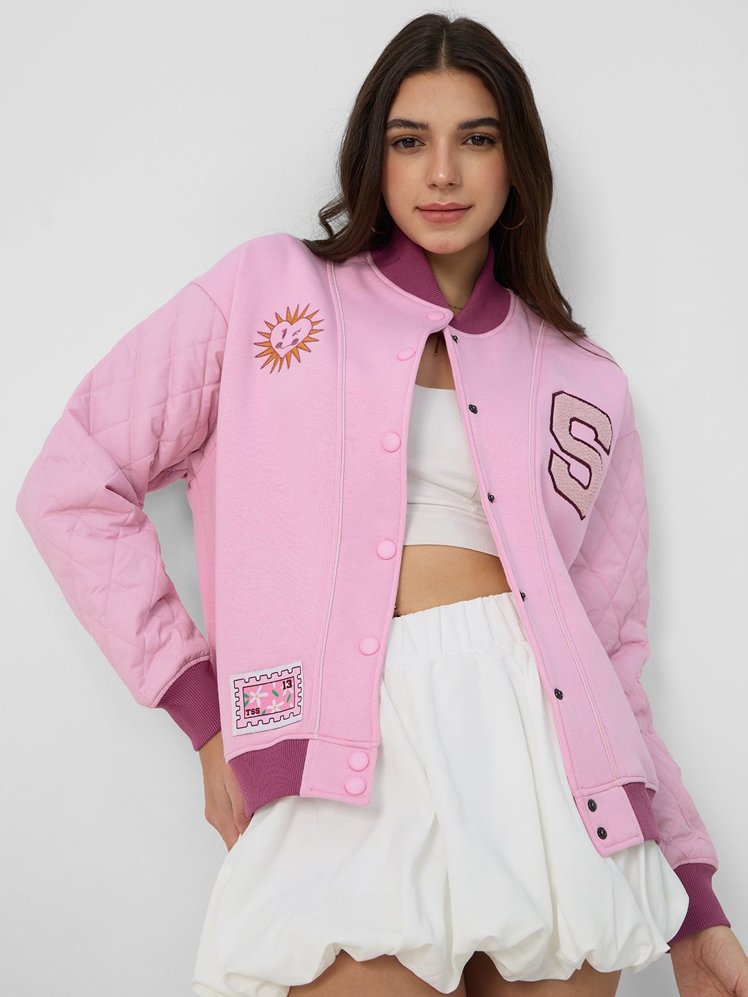 

The Souled Store Women Typography Embroidered Oversized Lightweight Bomber Jacket, Pink