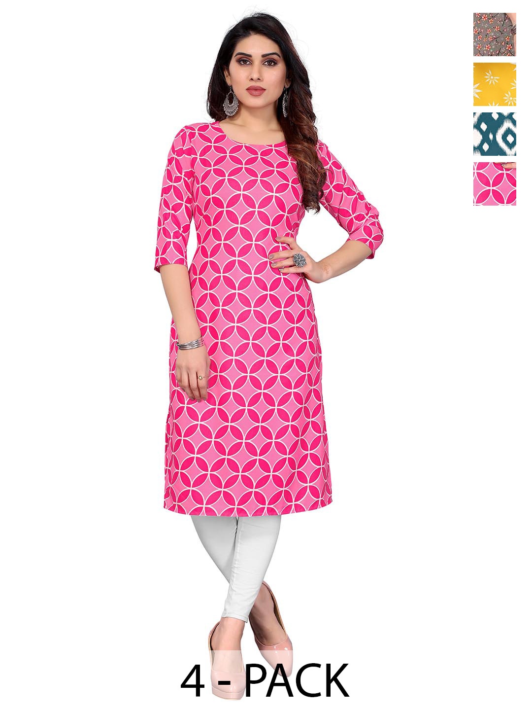 

KETAKI FASHION Selection Of 4 Geometric Printed Round Neck Straight Kurtas, Pink