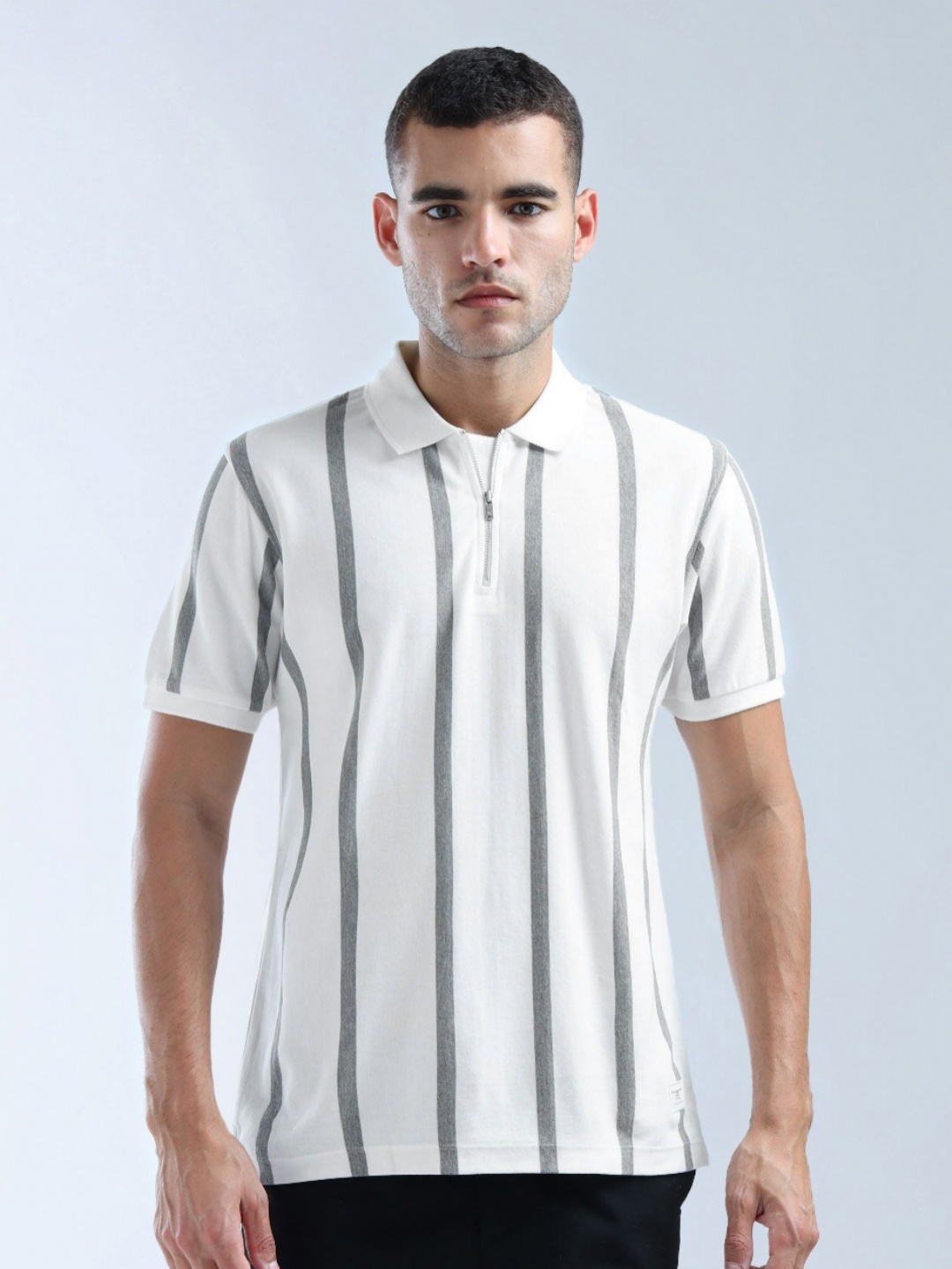 

Flying Machine Men Striped Polo Collar Cotton T-shirt, White
