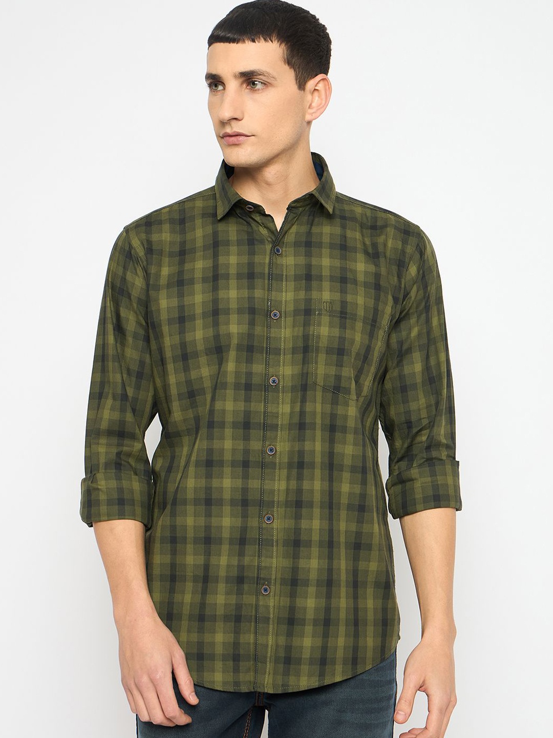 

Duke Men Slim Fit Spread Collar Tartan Checked Cotton Casual Shirt, Green