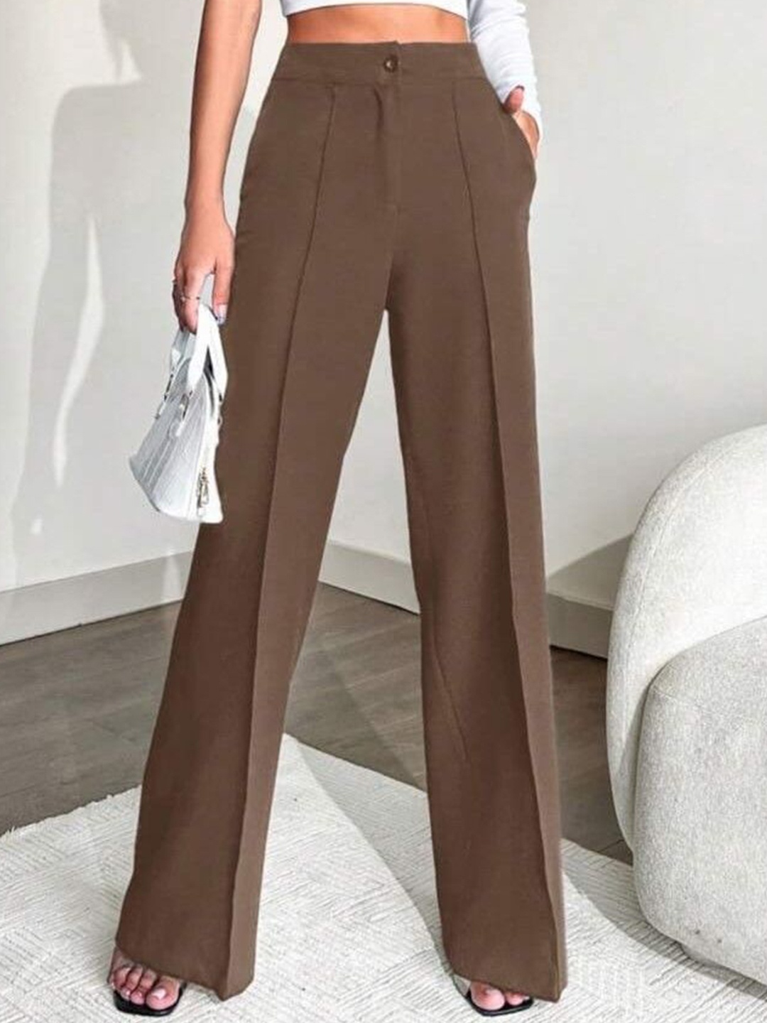 

BROADSTAR Women Smart Straight Fit High-Rise Easy Wash Pleated Trousers, Brown