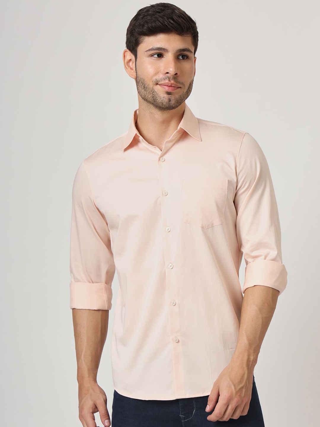 

AMSWAN Men Spread Collar Solid Satin Casual Shirt, Peach