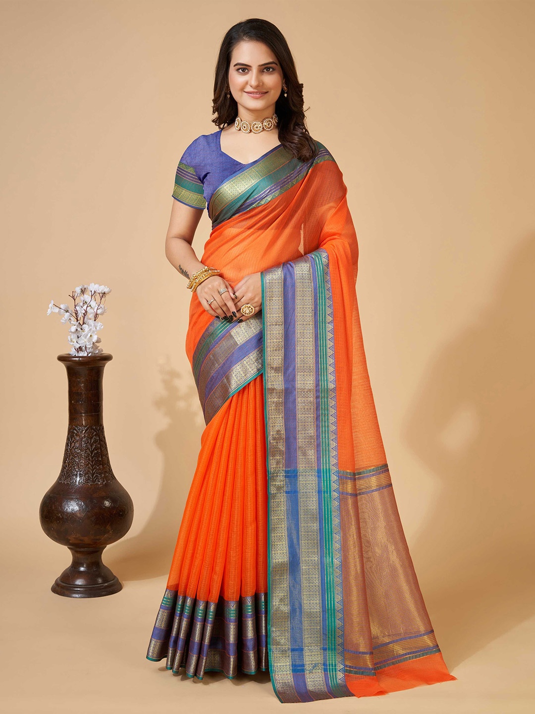 

DIVASTRI Woven Design Zari Silk Blend Saree, Orange