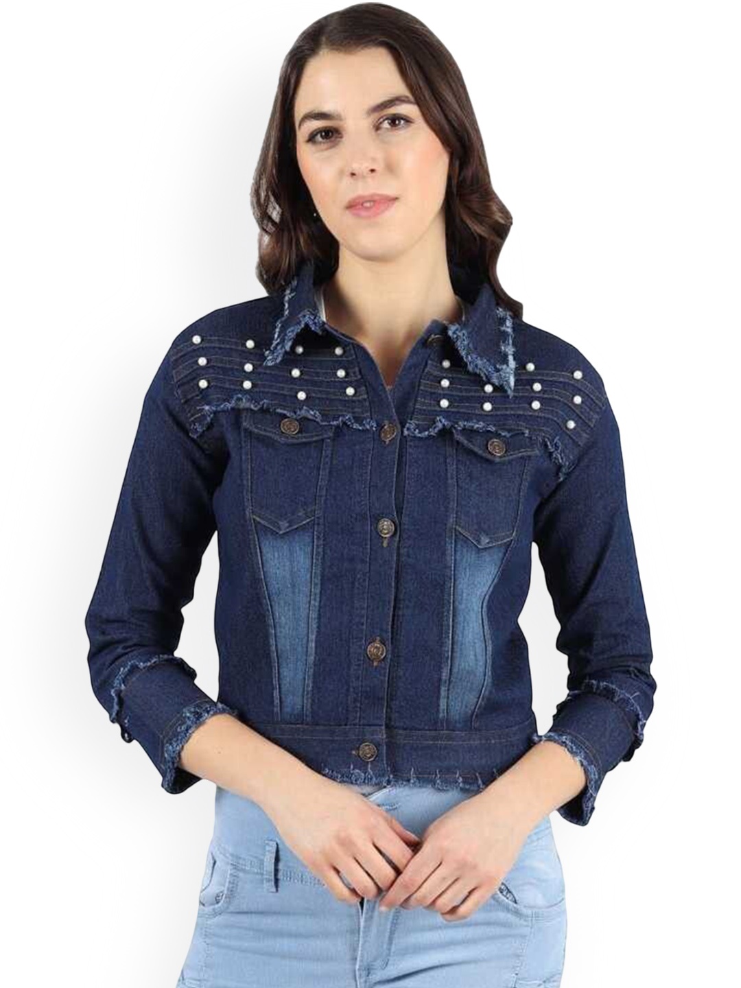 

KASHIAN Women Spread Collar Solid Casual Denim Jacket, Blue