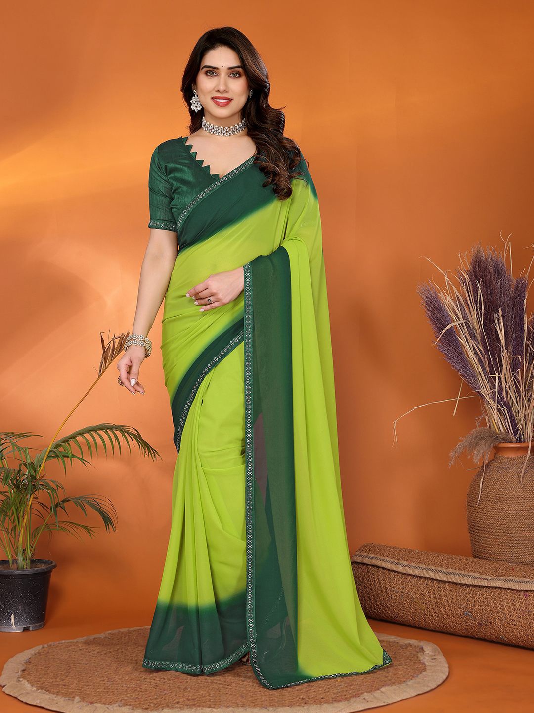 

Moda Rapido Ombre Beads and Stones Poly Georgette Saree, Green
