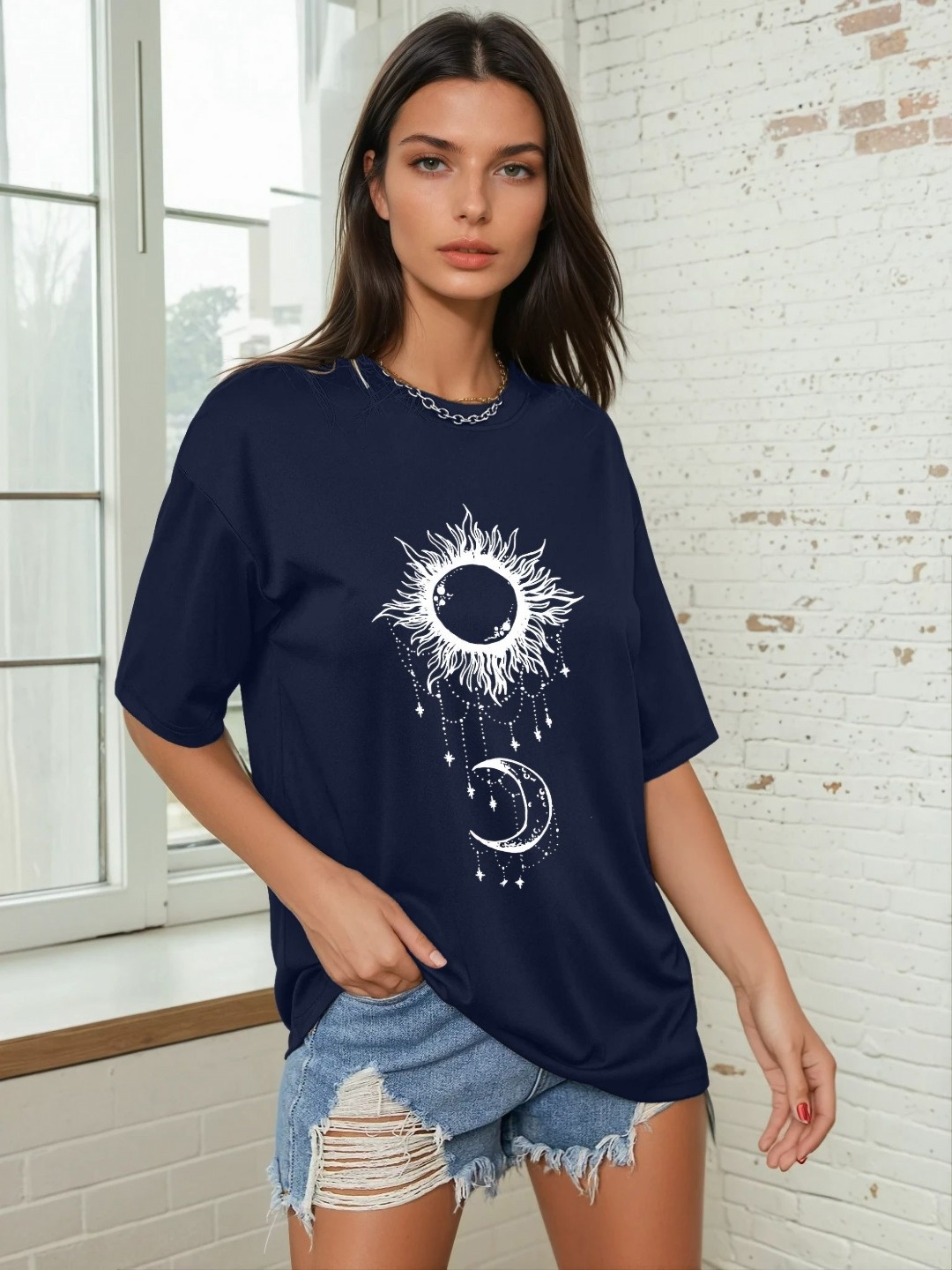 

CORSICA Women Graphic Printed Round Neck Oversized T-shirt, Navy blue