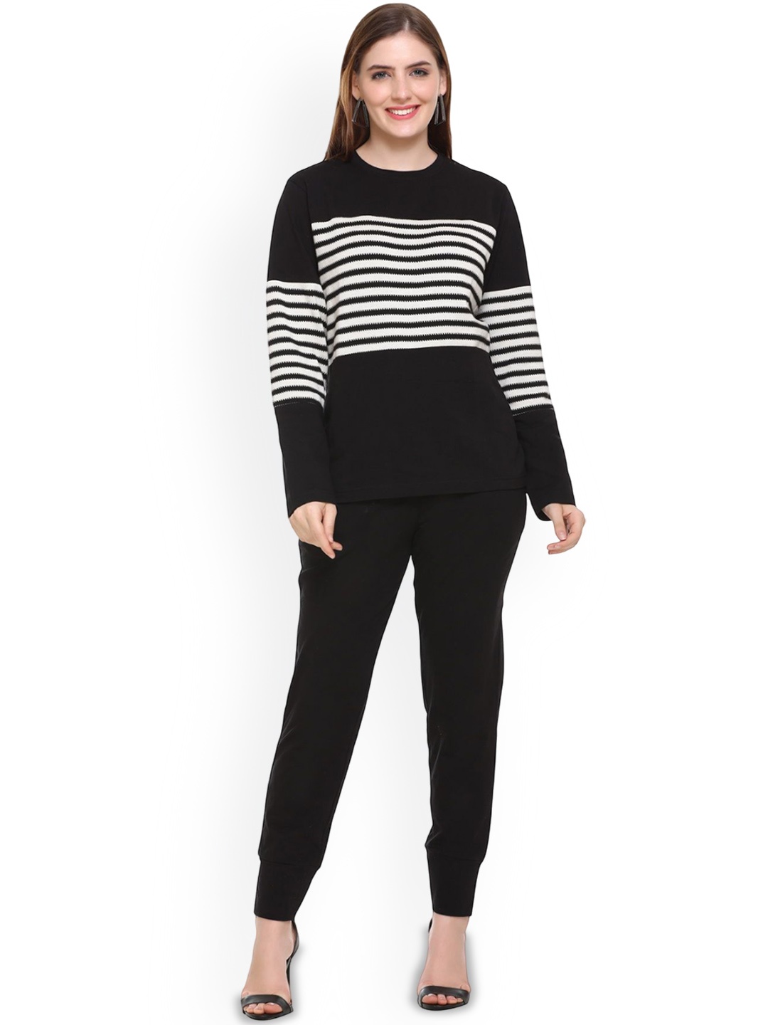 

BeriBlu Striped Round Neck Top With Trouser, Black