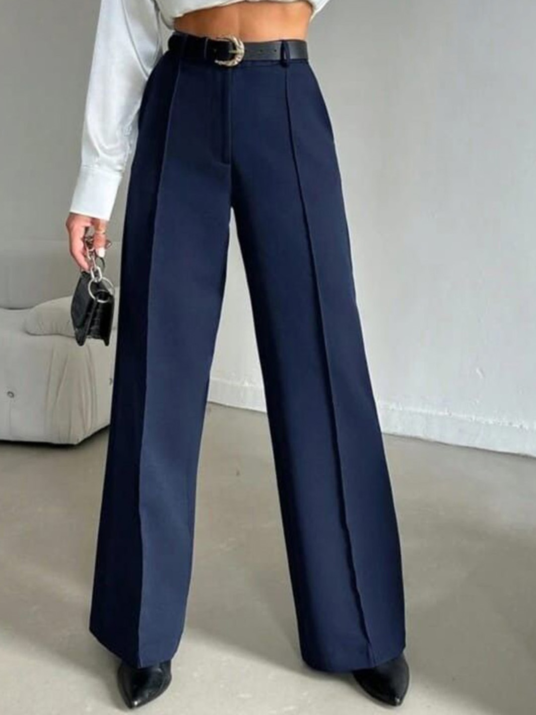 

Next One Women Smart Straight Fit High-Rise Easy Wash Pleated Trousers, Navy blue