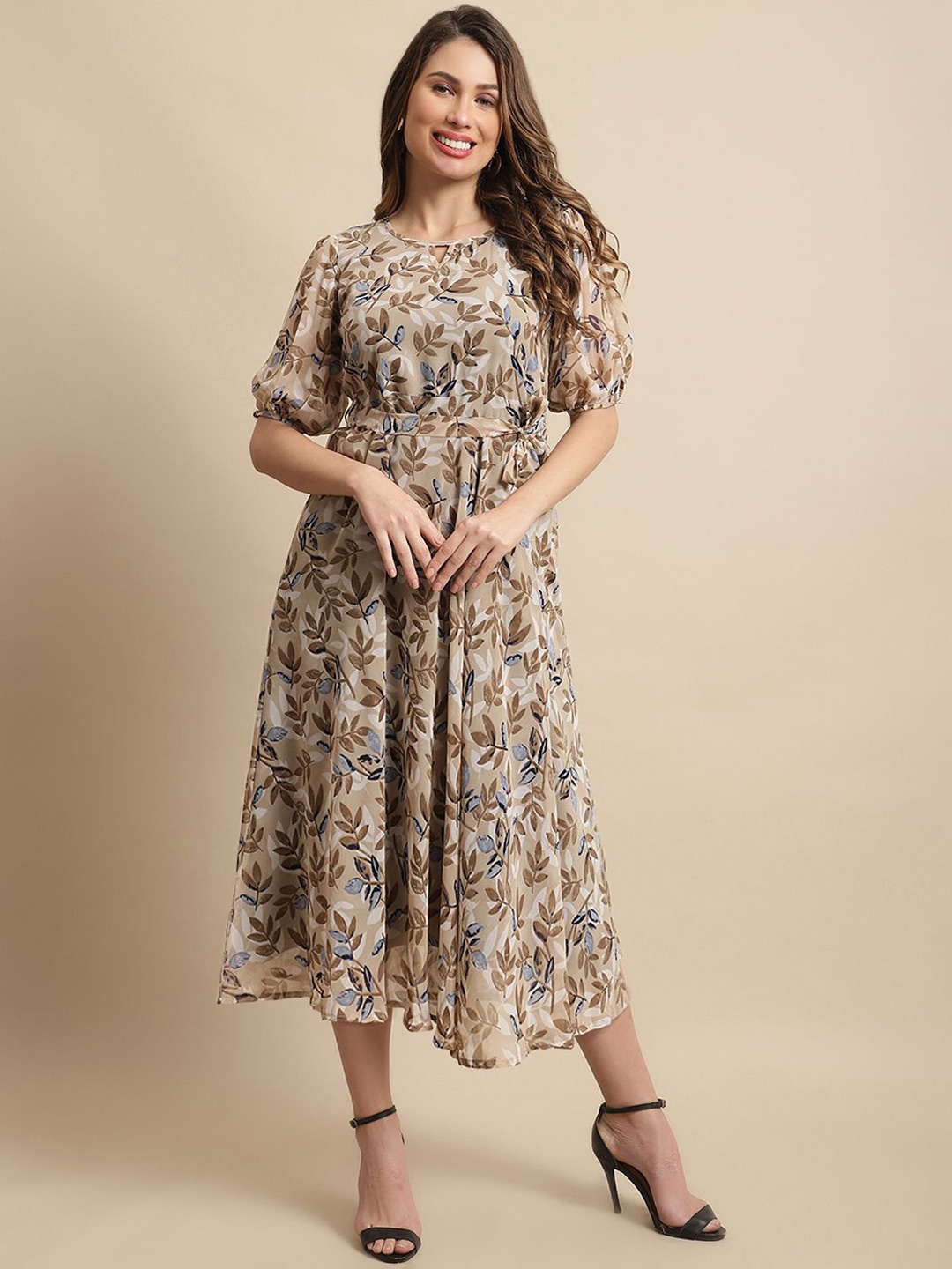 

Metronaut Women Floral Print Puff Sleeve Georgette Fit & Flare Midi Dress, Brown