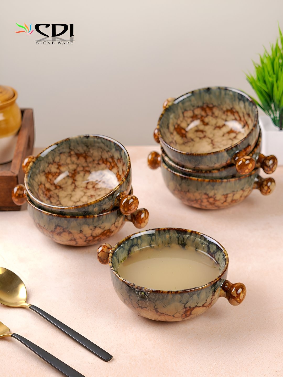 

CDI Brown & Green 6 Pieces Textured Ceramic Serving Bowls 380ml Each