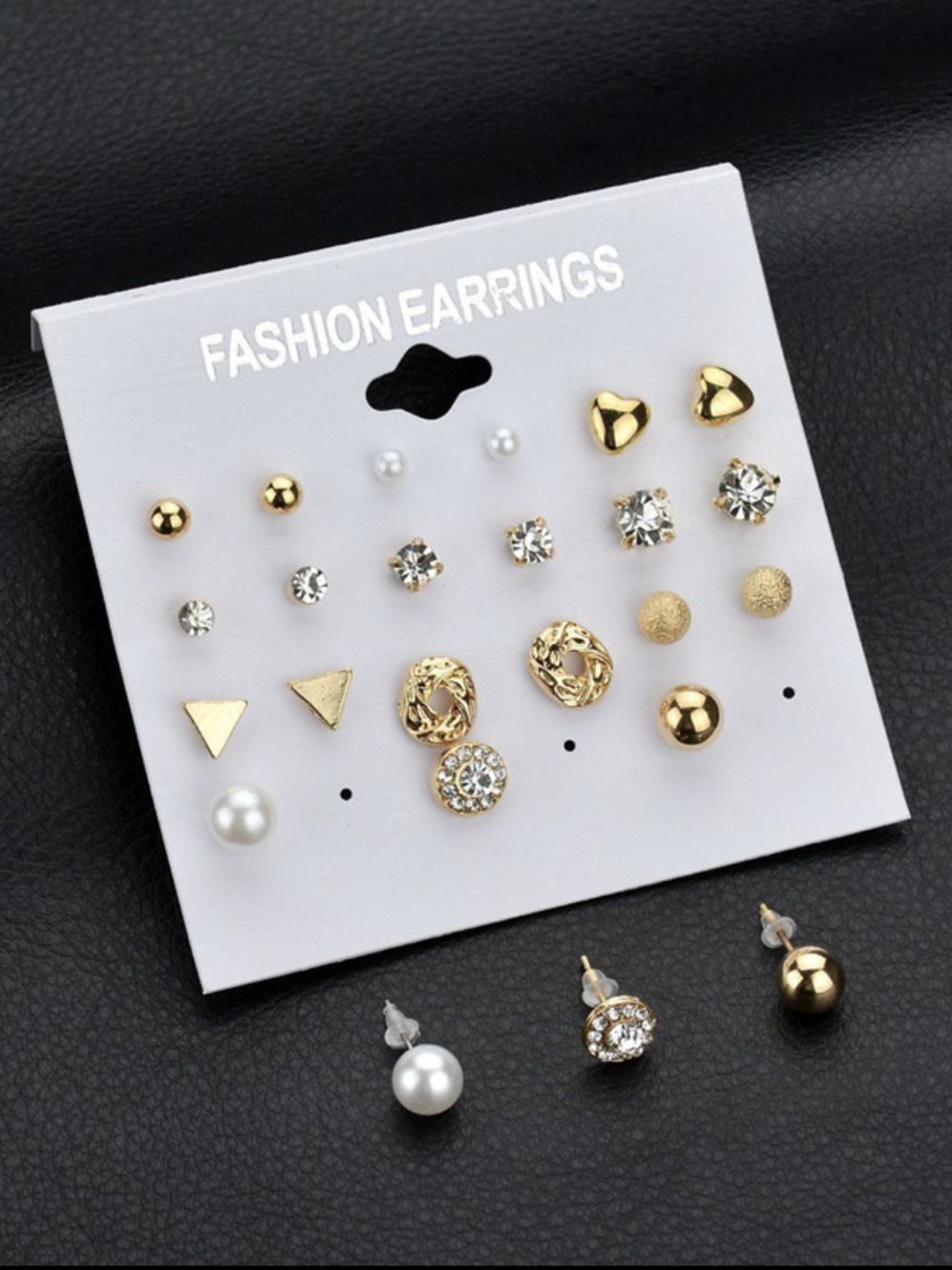 

Celestique Set Of 12 Gold-Plated Artificial Stones Studded Contemporary Shaped Studs