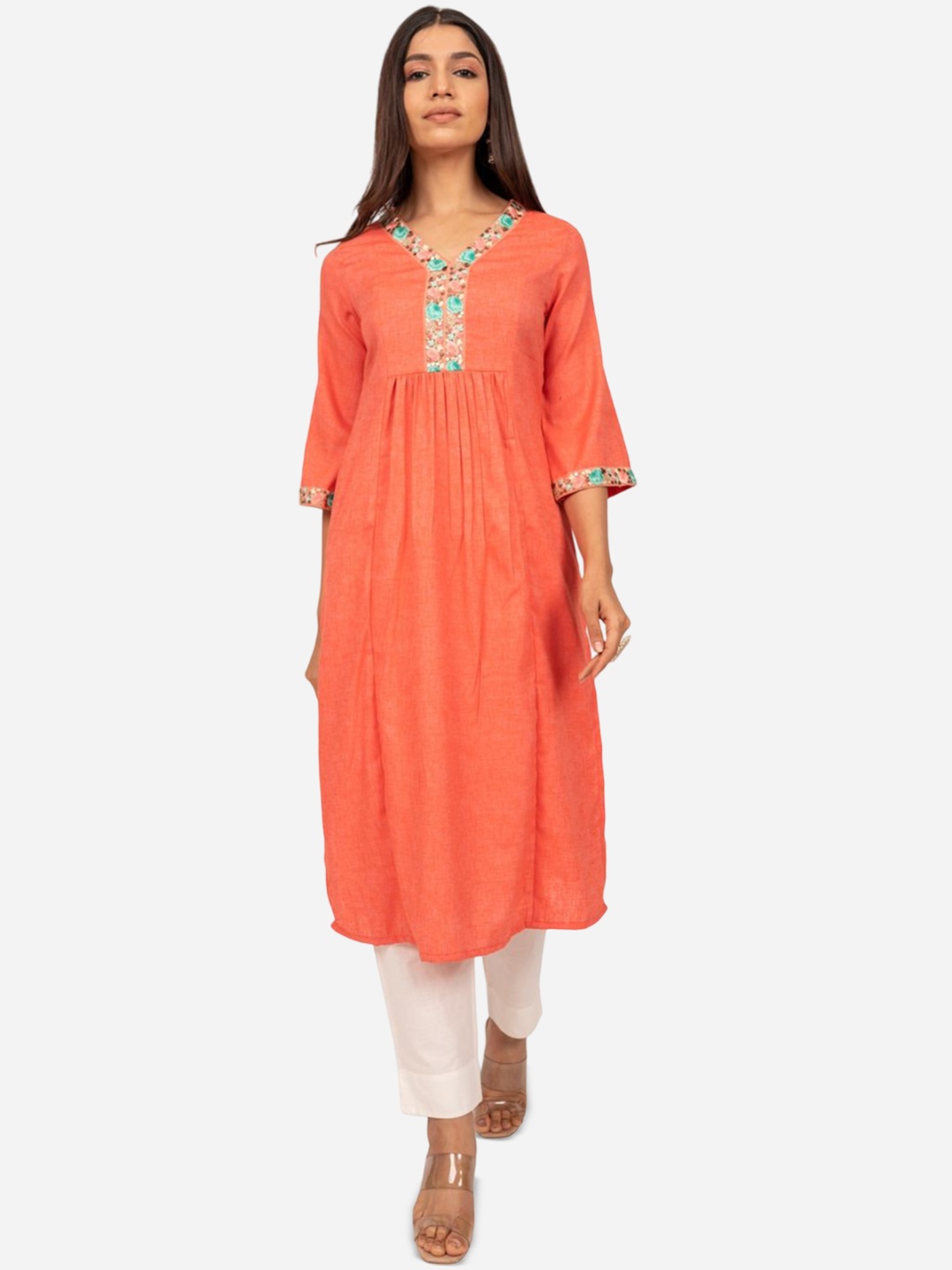 

INDIE JHOLA Floral Embroidered Thread Work Pleated V-Neck A-Line Kurta, Orange