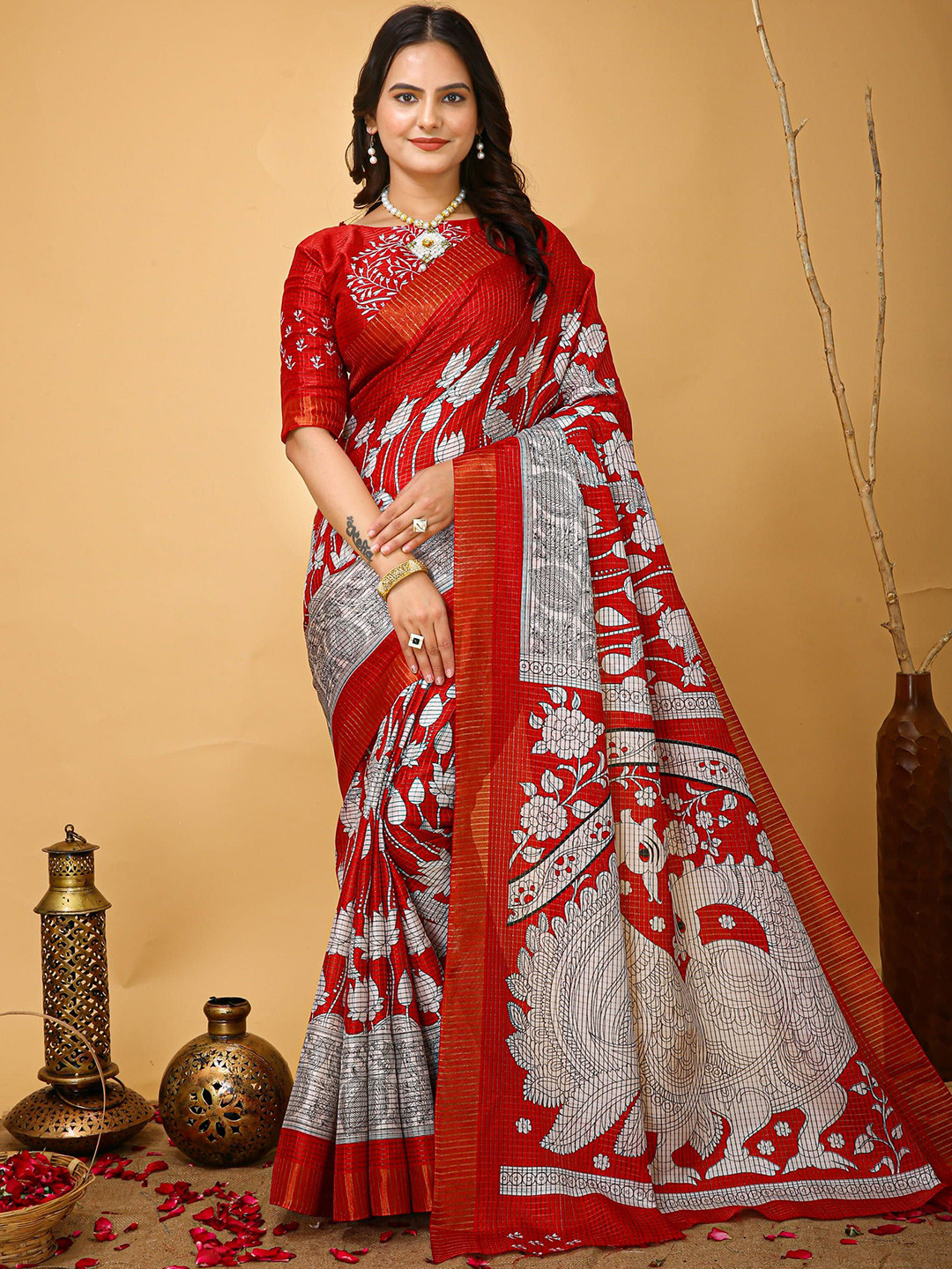 

KALINI Floral Zari Art Silk Banarasi Saree, Red
