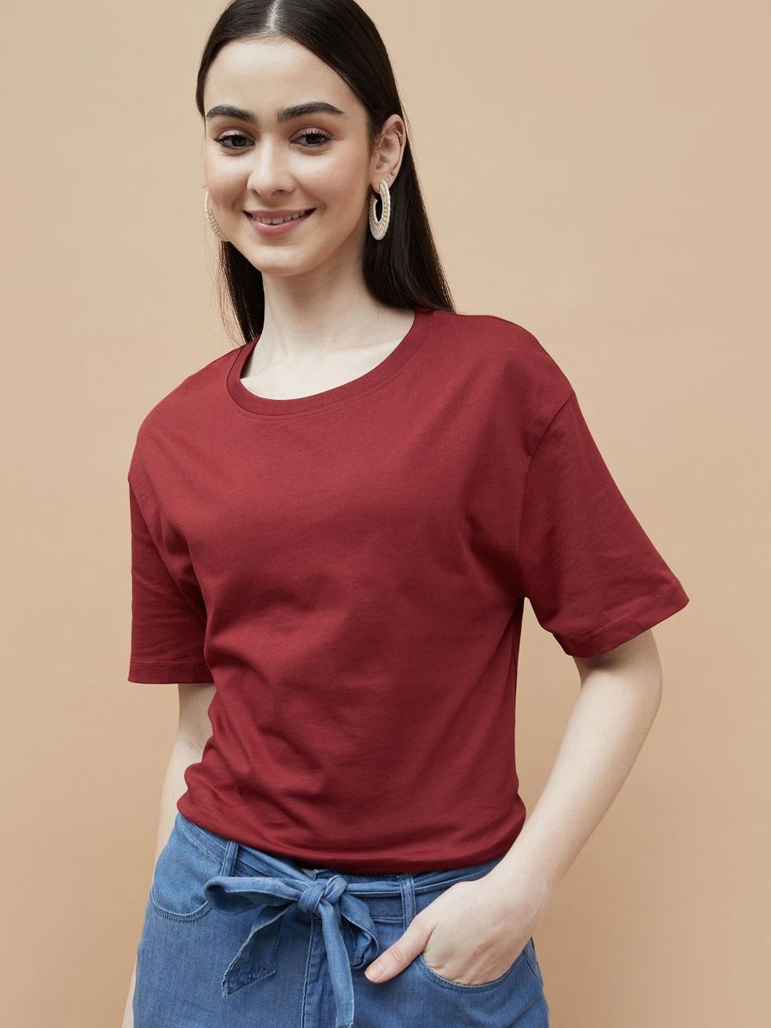 

Fame Forever by Lifestyle Women Solid Round Neck Cotton T-shirt, Maroon