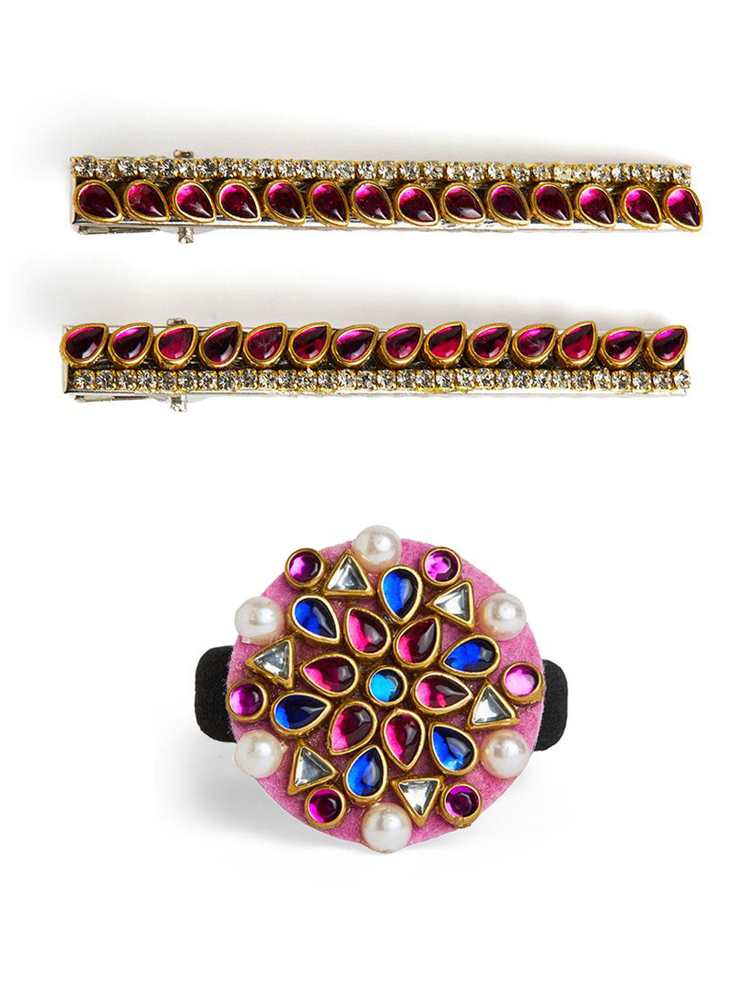 

RIBBON CANDY Set of 3 Girls Kundan Studded Hair Accessories, Multi