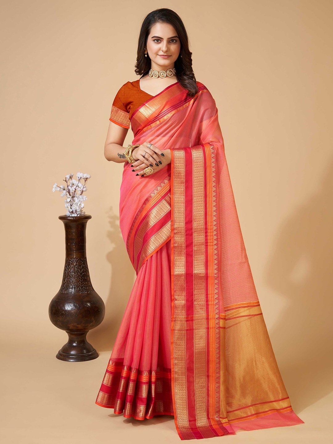 

DIVASTRI Woven Design Zari Designer Saree, Peach