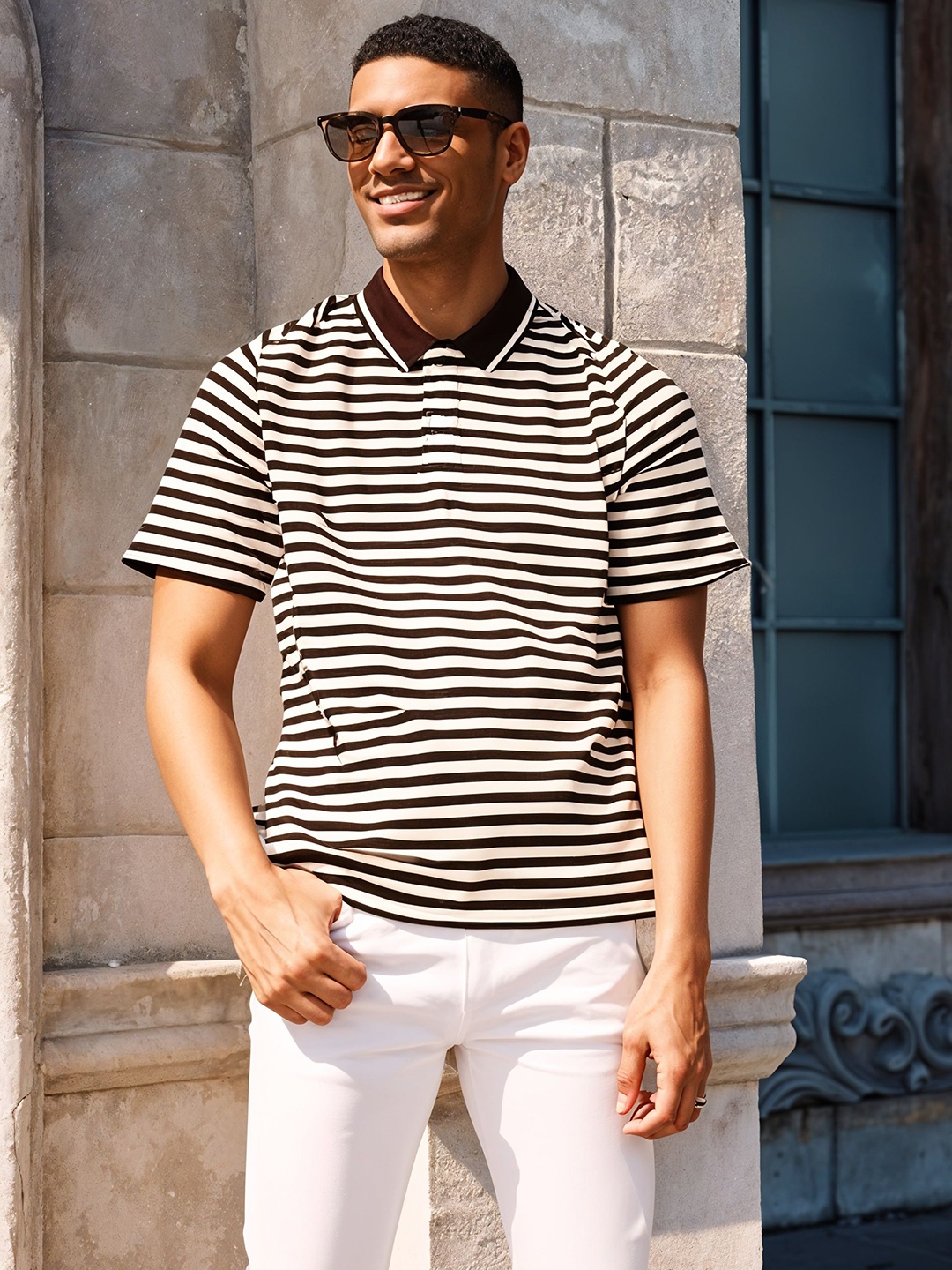 

MACK JONNEY Men Regular Fit Striped Polo Collar Cotton T-shirt, Brown