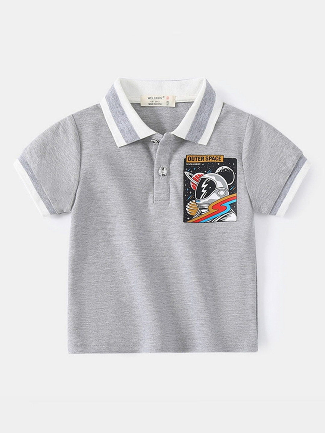 

LULU & SKY Boys Polo Collar Organic Cotton Applique T-shirt, Grey