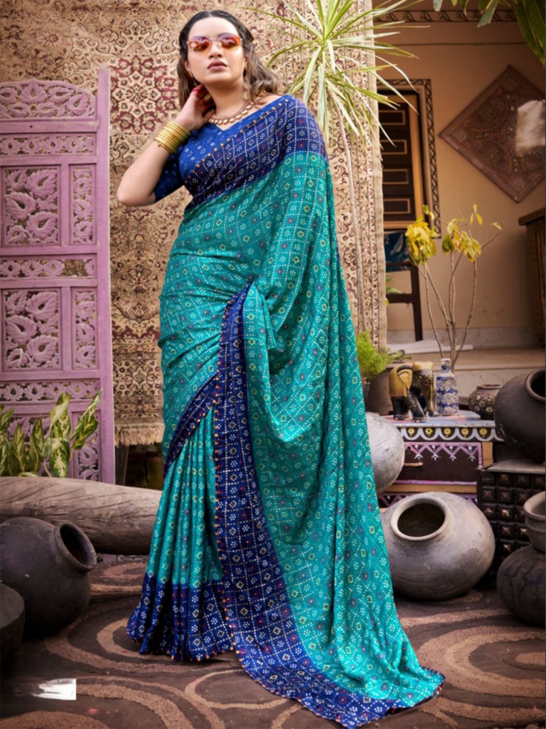 

SHOPPKEE Bandhani Poly Chiffon Designer Banarasi Saree, Blue