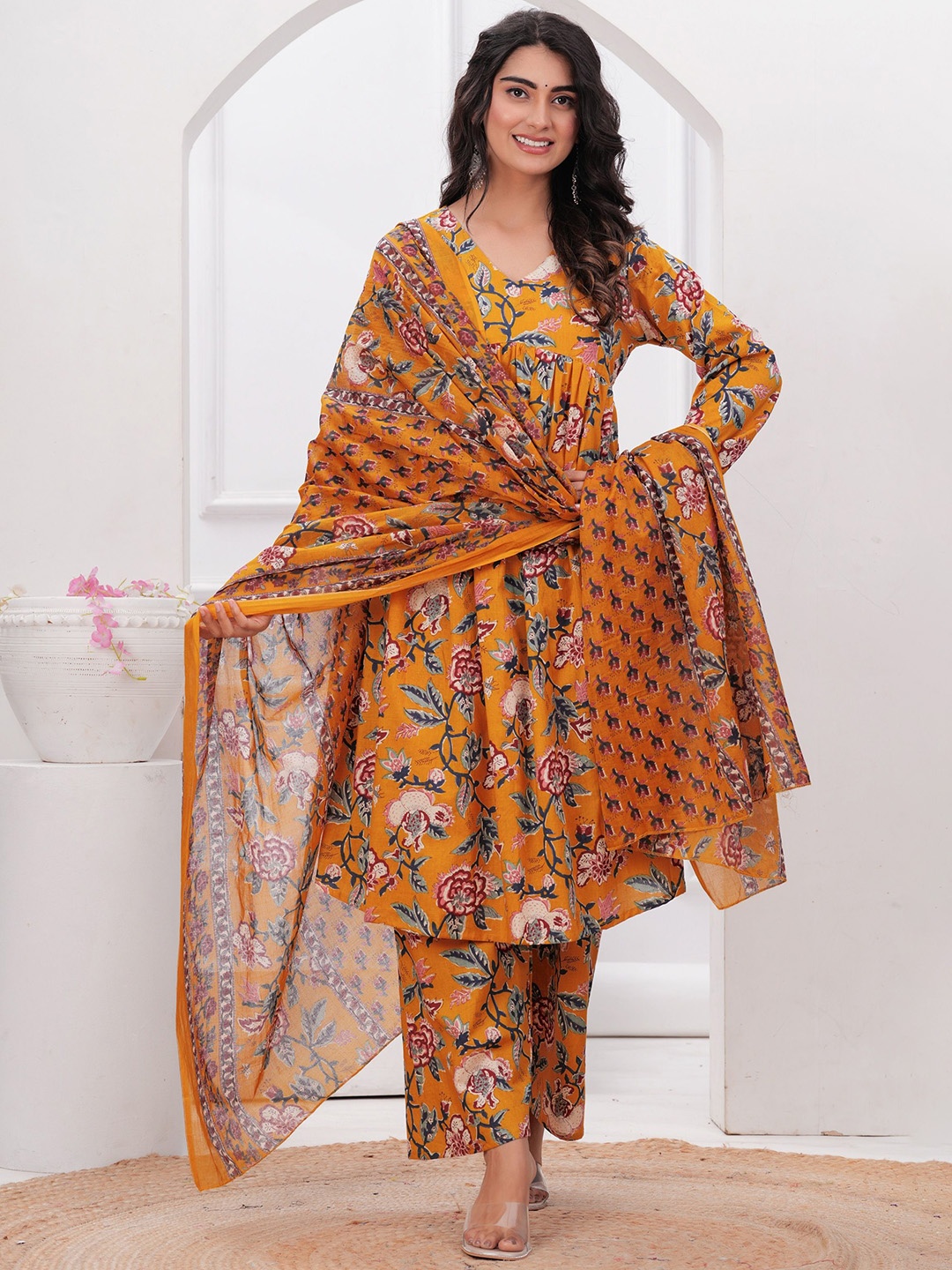 

VASUPRADA Floral Printed V-Neck Cotton Empire Anarkali Kurta With Palazzos & Dupatta, Mustard