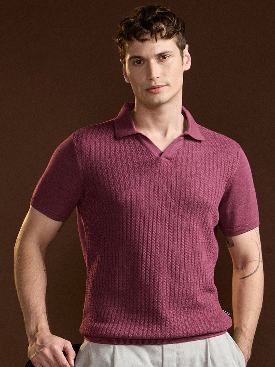 

THE BEAR HOUSE Men Self Design Polo Collar Cotton T-shirt, Pink