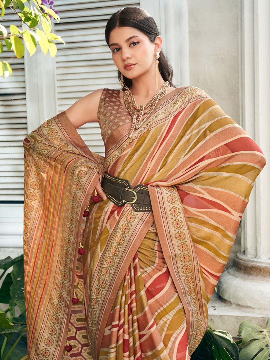 

Anouk Leheriya Poly Georgette Designer Saree, Bronze