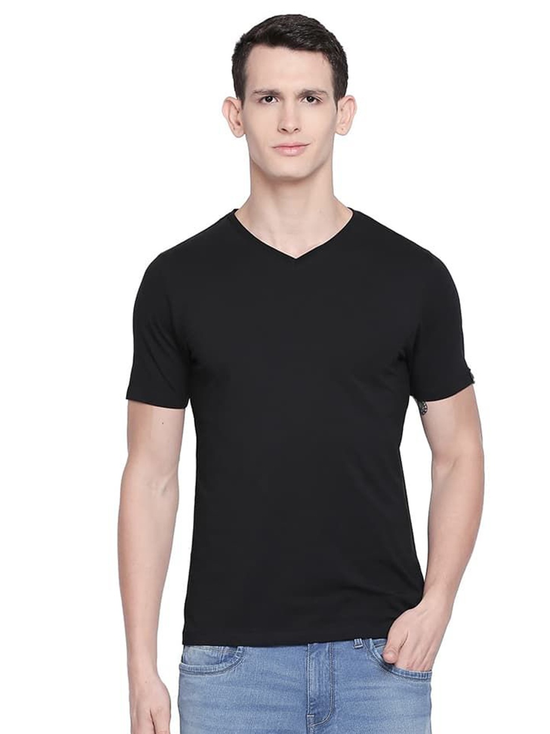 

Basics Men Solid V-Neck Cotton Slim Fit T-shirt, Black